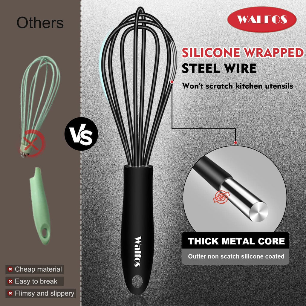 Walfos Whisk 5+7in Mini Whisk,Silicone Whisks Non Scratch Heat Resistant (480°F). Nice for stirring individual eggs and mixing small amounts of powder and sauce.Dishwasher Safe.Black