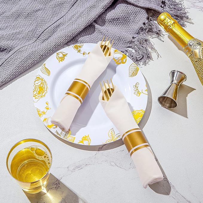 N9R 50 Pack Pre Rolled Gold Plastic Silverware with Napkins, Disposable