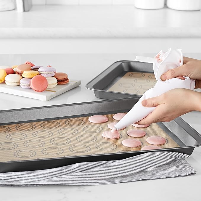 Amazon Basics Silicone Baking Mat for Macarons, Non-Stick, Food Safe, Reusable, Oven-Safe, 16.5" x 11.6", Beige/Gray, 2-Pack