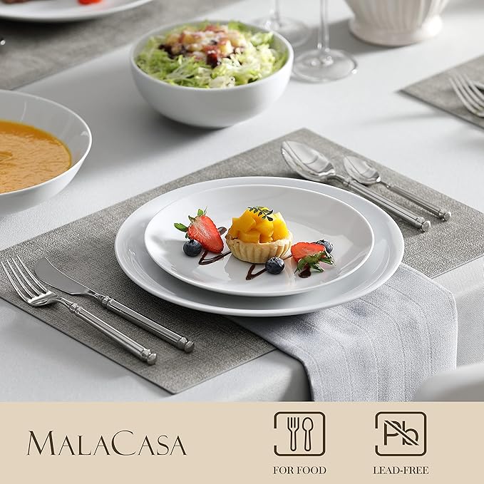 MALACASA 24-Piece Porcelain Dinnerware Set, White Round Dish Set for 6