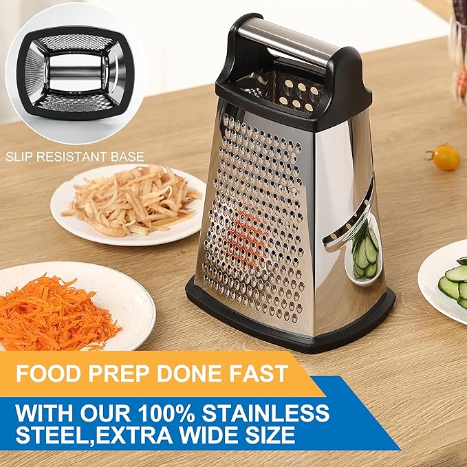 OIM Omiiomio Professional Cheese Grater - Stainless Steel, XL Size, 4 Sides - Perfect Box Grater for Parmesan Cheese, Vegetables, Ginger - Dishwasher Safe - Black