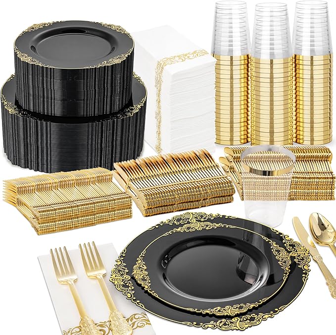 Nervure 350Pcs Black Plastic Plates, Plastic Dinnerware Set for 50 Guests