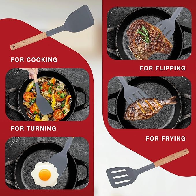 Silicone Spatulas for Non Stick Cookware, 2 Pack with Wooden Handle