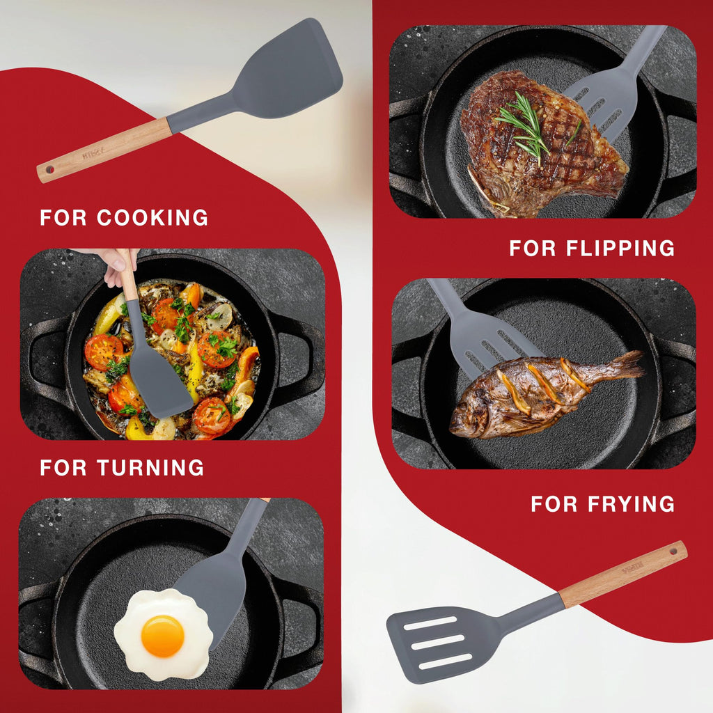 Silicone Spatulas for Non Stick Cookware, 2 Pack with Wooden Handle