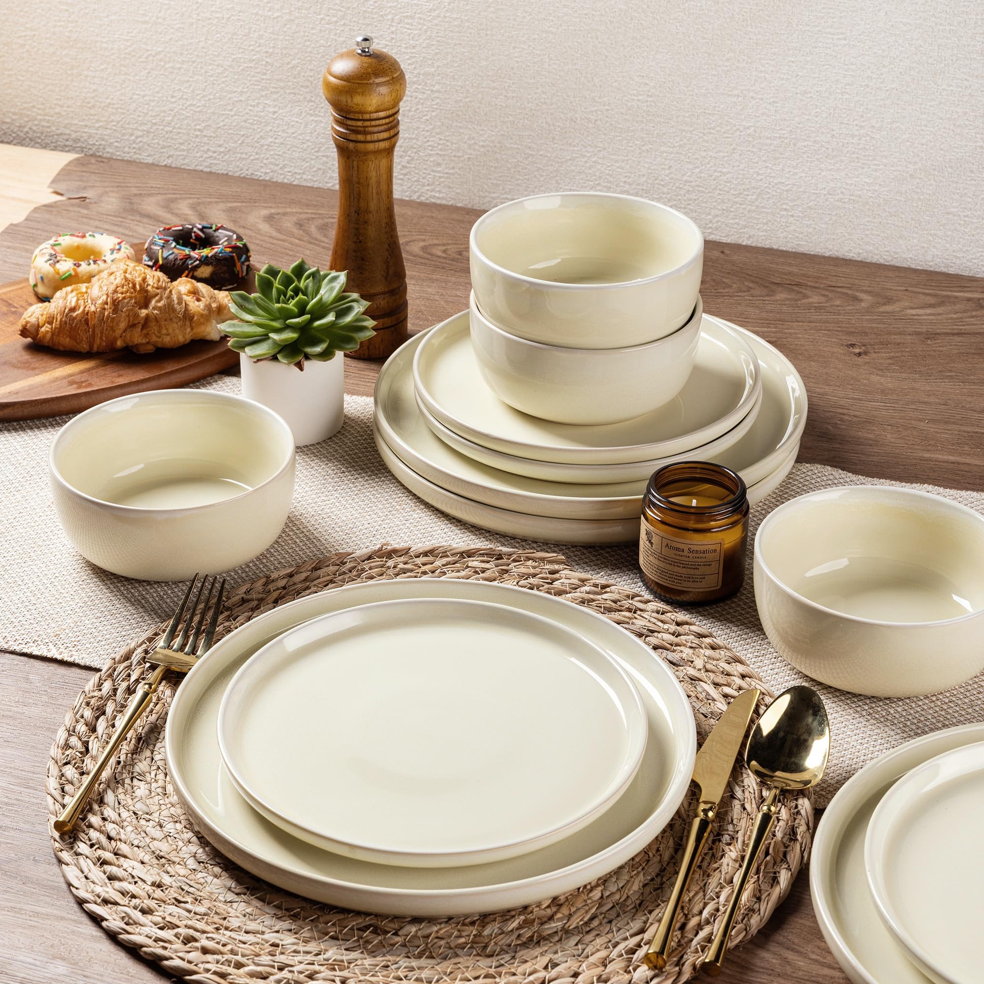 AmorArc Stoneware Dinnerware Sets for 4, 12Pcs Plates and Bowls Sets Dishes