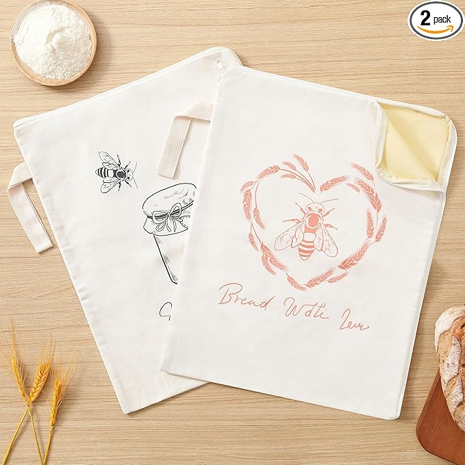 Premium Beeswax Bread Bags for Sourdough with Wide Zipper Access, 2 Pack XL(13x17in) Reusable Organic Beeswax-Coated Linen Cotton Bread Bags for Homemade Bread, Keeps Bread Fresh Naturally