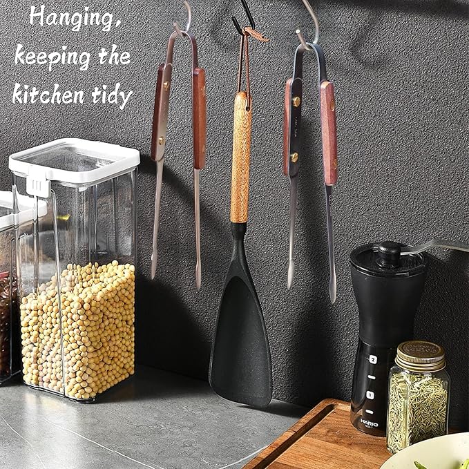 Exquisite Lightweight Cooking Tongs - 304 Stainless Steel & Walnut Wood, Comfortable Grip, Non-Slip Design, High Heat Resistant - Ideal for Light and small food, Kitchen Plating, Korean BBQ, 9-Inch