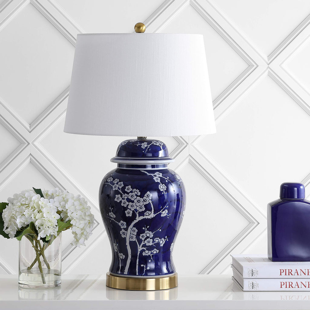 JONATHAN Y Gracie Ceramic Ginger Jar Table Lamp 29.5", White/Navy