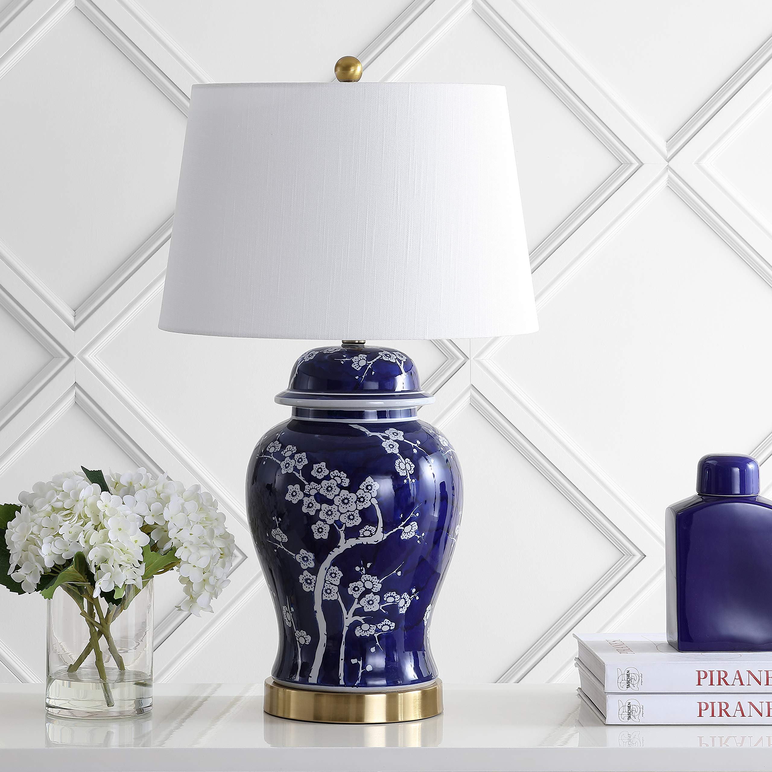 JONATHAN Y Gracie Ceramic Ginger Jar Table Lamp 29.5", White/Navy
