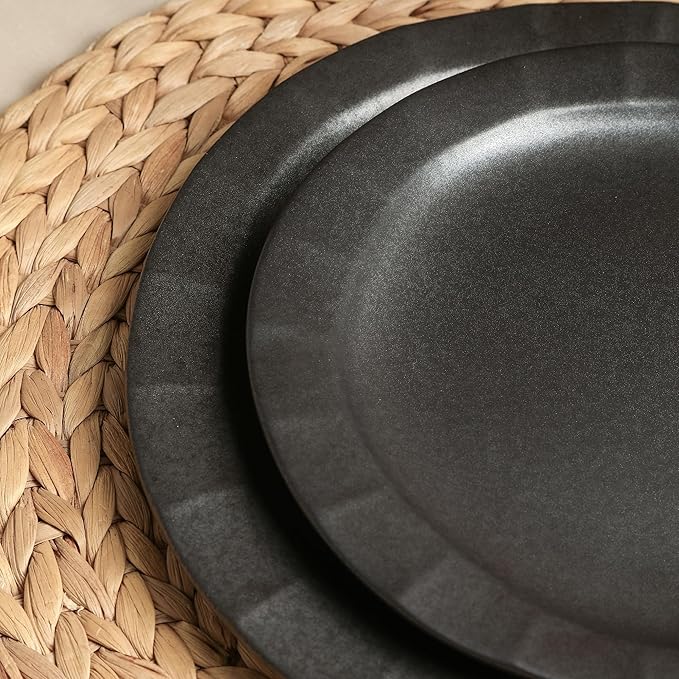 Stone Lain Oasis Stoneware Plate Dish Set, 4-Piece Dinner Plates - Ceramic Serving Dishes for 4 People - Microwave & Dishwasher Safe, Black
