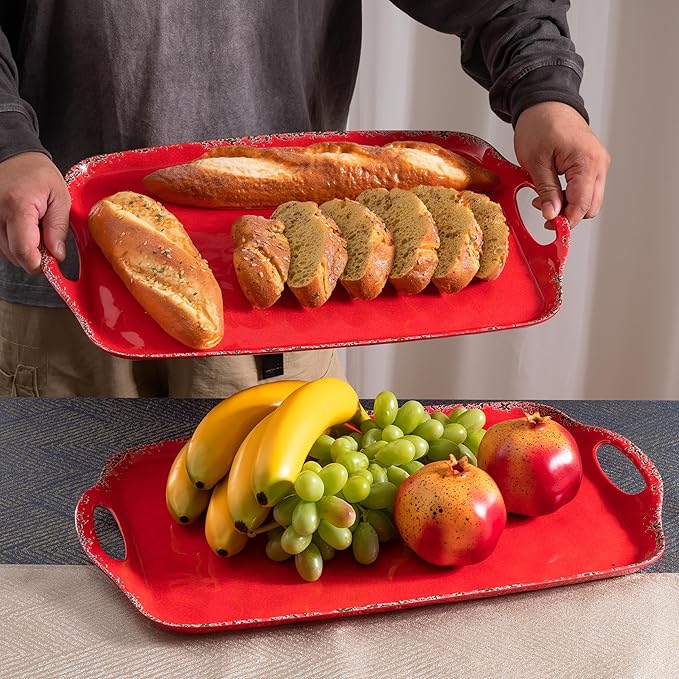 ZAROCRUS Christmas Large Melamine Serving Tray with Handle, Crackled Rustic Rectangle Melamine Serving Platter for Serving Food, Coffee Table Tray, Entertaining & Party Use, Set of 2, Christmas Red