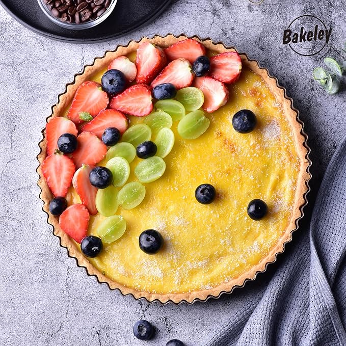 Bakeley 11-Inch Round Tart Pan with Loose Removable Bottom, Non-Stick Carbon Steel Quiche Pan for Oven Baking (Champagne Gold)