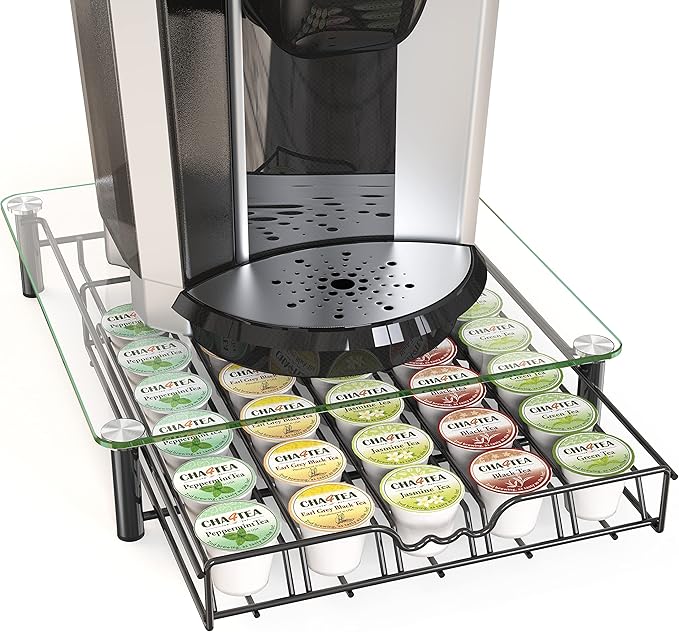 Deco Brothers Tempered Glass K-Cup Holder Drawer for 30 Coffee Pods, Black