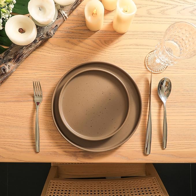 Stone Lain Celina Stoneware 16-Piece Modern Dinnerware Set, Plates and Bowls, Matte Brown, Service For 4, Microwave & Dishwasher Safe