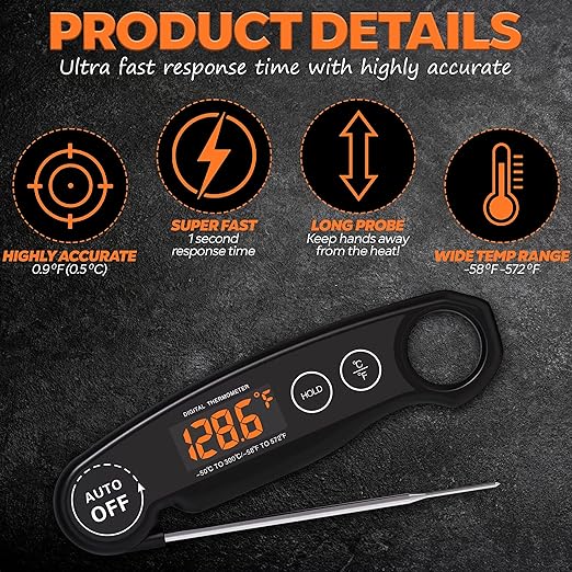 Instant Read Food Thermometer Rechargeable Meat Thermometer Digital Kitchen Thermometer - Fast & Accurate Food Thermometer for Cooking, Grill Thermometer, Birthday Gift for Husband, Dad, Men