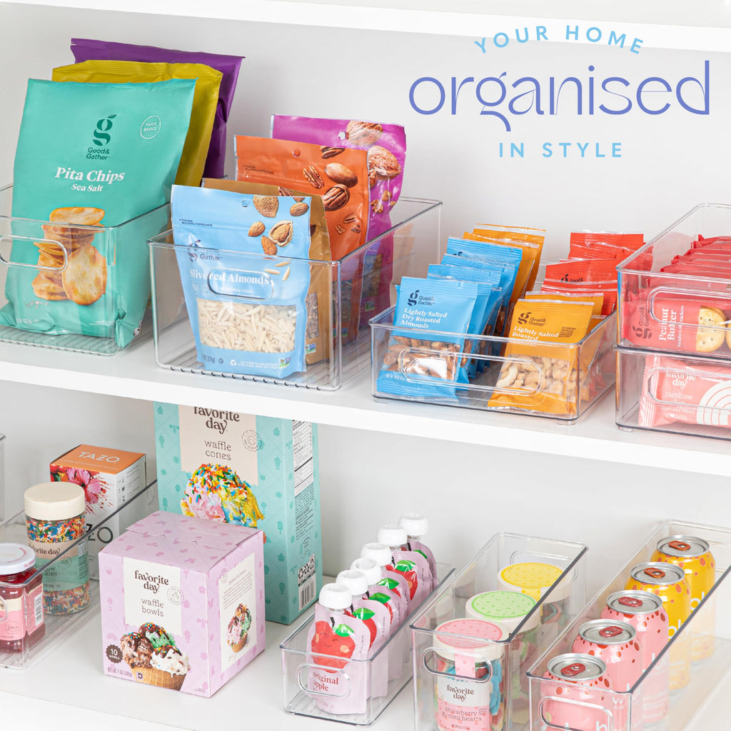 Plastic Food Storage 6 Pack Clear Container Bin with Handles for Organizing Kitchen, Pantry, Refrigerator, Freezer, Pantry, Cabinet, Closet, Bathroom. Stackable 10”x8”x3”