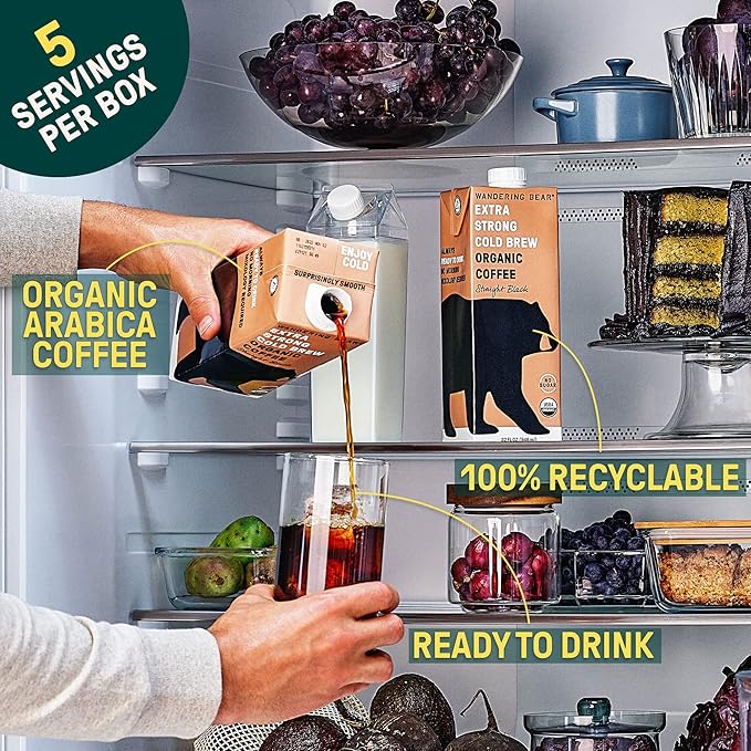 Wandering Bear Straight Black Organic Cold Brew Coffee - Extra Strong, Bold, Smooth, Unsweetened, Shelf-Stable, Ready to Drink & Vegan, 100% Organic Iced Cold Brewed Coffee Drink - 32 fl oz, 3 pack
