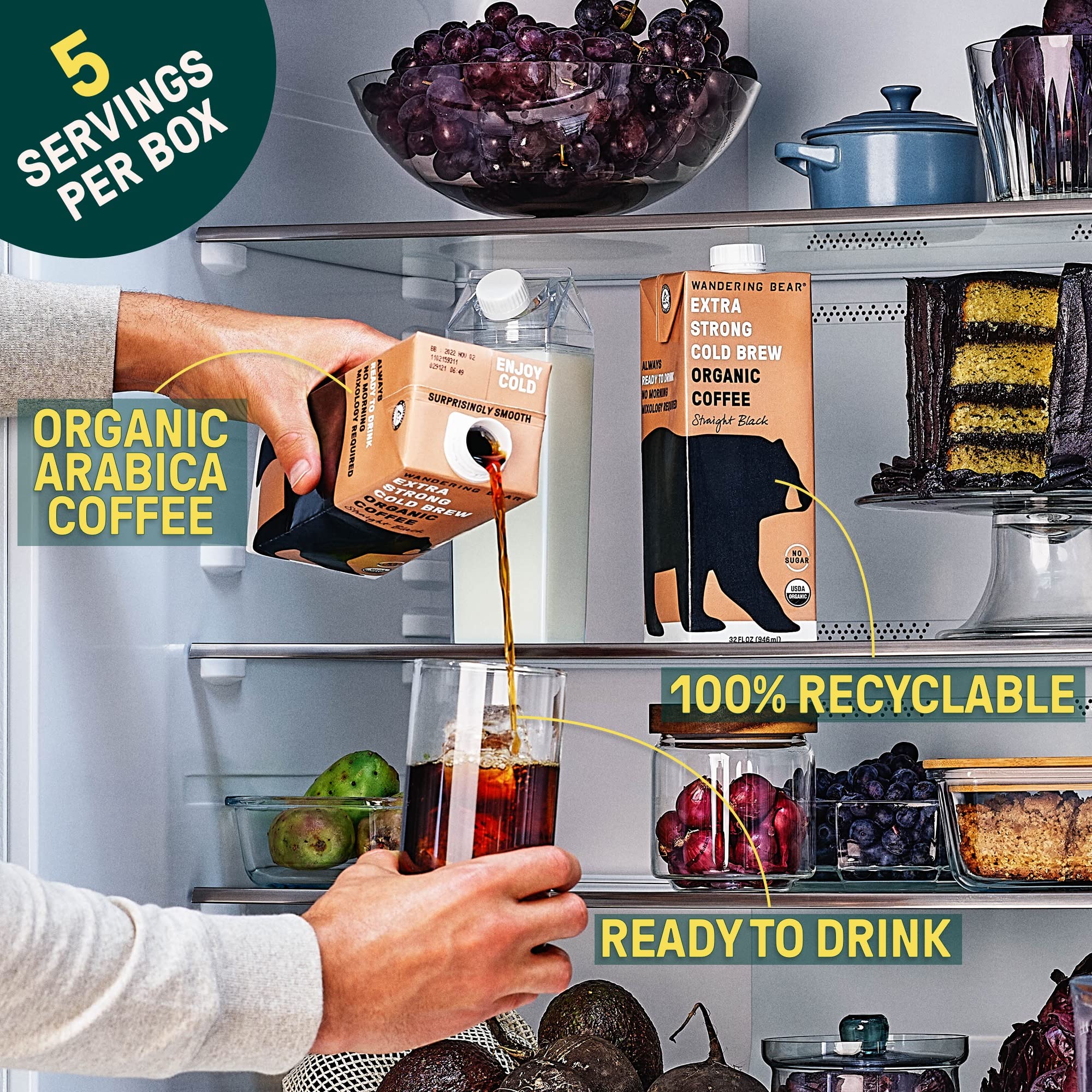 Wandering Bear Organic Cold Brew Coffee Variety Pack - Extra Strong, Bold, Smooth, Unsweetened, Shelf-Stable, Ready to Drink & Vegan, Iced Cold Brewed Coffee Drink - 32 fl oz (3pk - Vanilla, Caramel, Mocha)