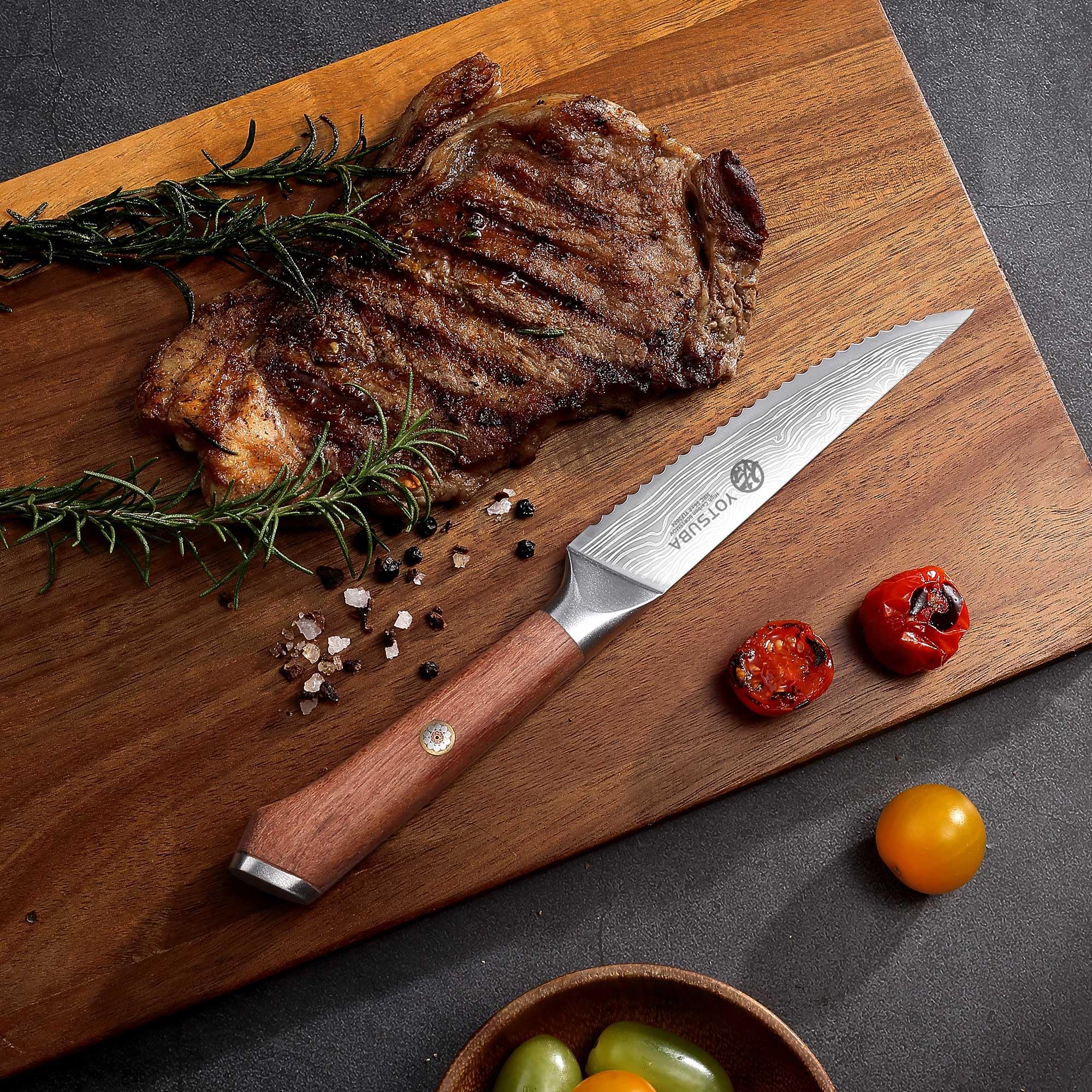 YOTSUBA Steak Knives Set of 6, Razor-Sharp 4.5 Inch Japanese Serrated Steak Knife Set, Full Tang Forged High Carbon Steel Dinner Knives with Ergonomic Handle and Gift Box