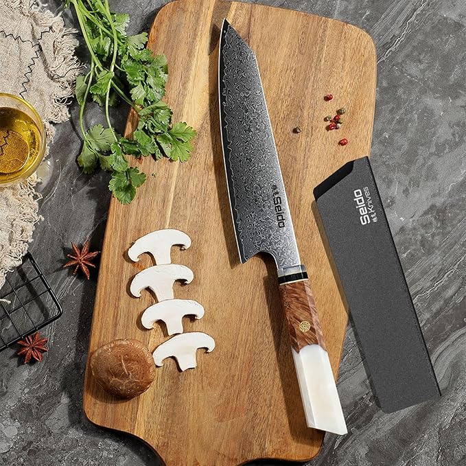 Seido 8.5 Inch VG10 Damascus Kiritsuke Chef Knife, Pearl White Resin