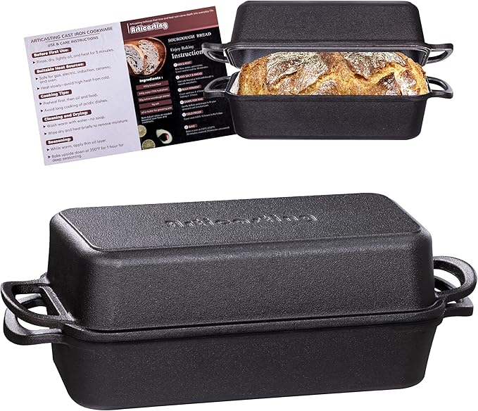 Articasting Cast Iron Loaf Pan with Lid, 11x5 Inch 5.8 Qt Pre-Seasoned Pan