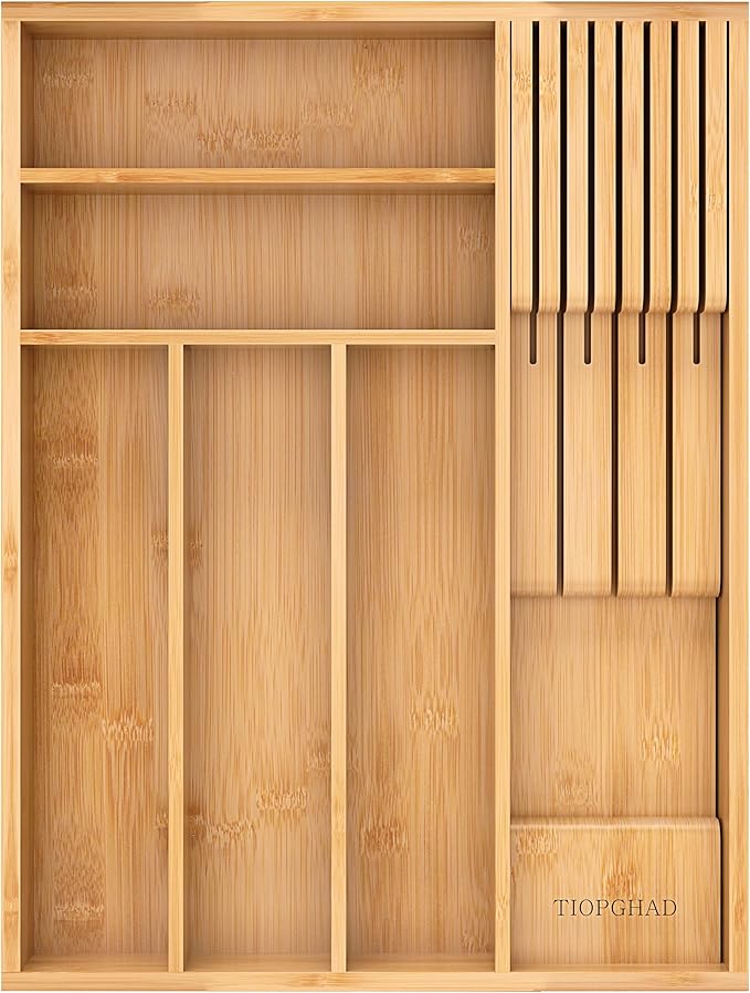 TIOPGHAD Small Bamboo Silverware Organizer Kitchen Utensil Tray, Natural