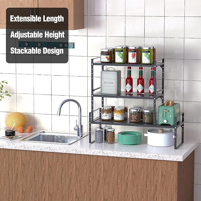LOCVCDA Expandable Kitchen Cabinet Storage Shelf, Stackable Metal Pantry Storage Shelves Organizer, Adjustable Height Counter Spice Rack for Kitchen Cabinet, Countertop, Pantry and Office