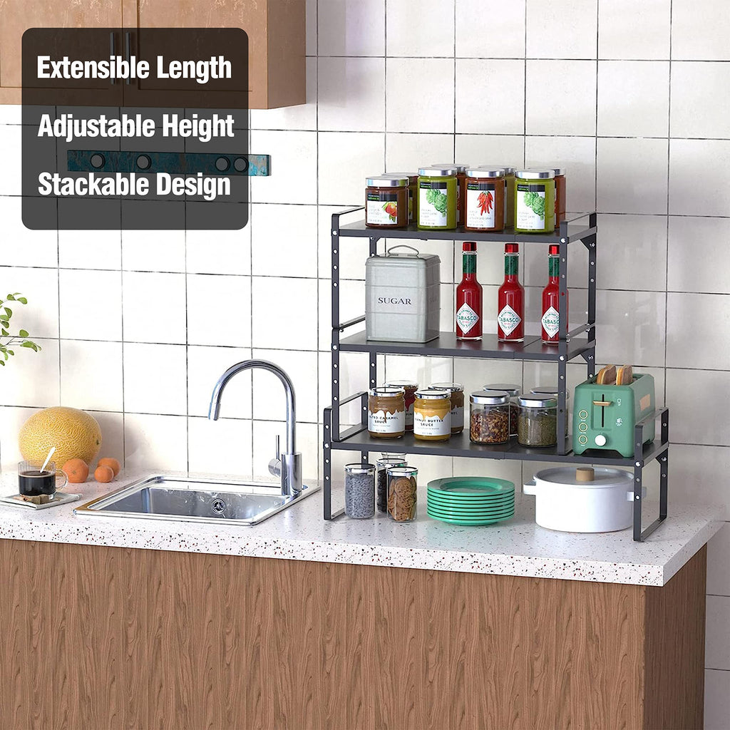 LOCVCDA Expandable Kitchen Cabinet Storage Shelf, Stackable Metal Pantry Storage Shelves Organizer, Adjustable Height Counter Spice Rack for Kitchen Cabinet, Countertop, Pantry and Office