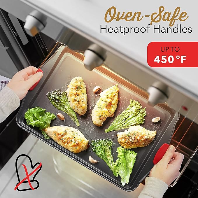 Eatex Nonstick Baking Sheet Set, 2-Piece Baking Pans Set with Silicone Handles, Carbon Steel Cookie Sheets for Baking Commercial Grade Quality Oven Tray, Jelly Roll/Quarter Sheet Pans for Baking