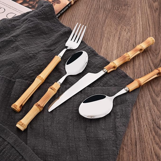 Uniturcky Dessert Spoon Set with Bamboo Handle, 8-Piece Stainless Steel Shiny Silver Dessert Spoon, Natural Bamboo Cutlery, Creative Design Small Spoons for Home Restaurant, 6.65 inch, Handcrafted