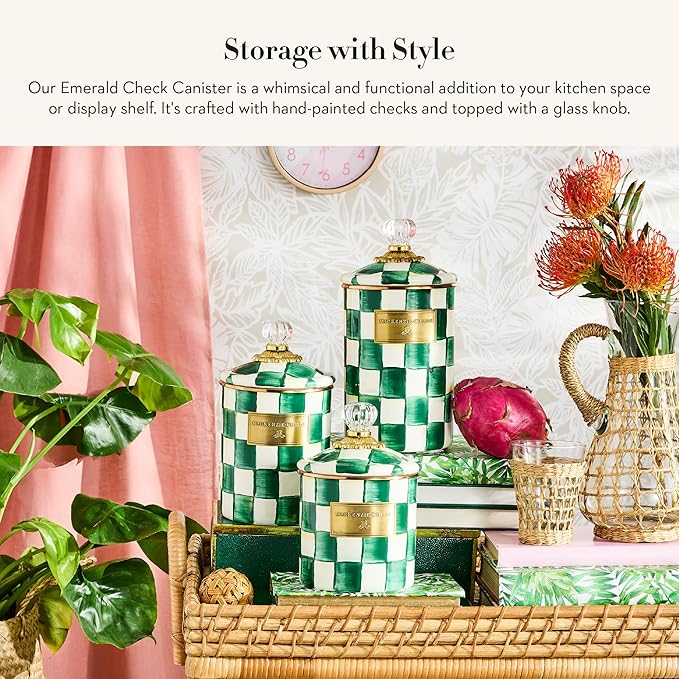 MACKENZIE-CHILDS Enamel Canister, Medium, Green-and-White Emerald Check