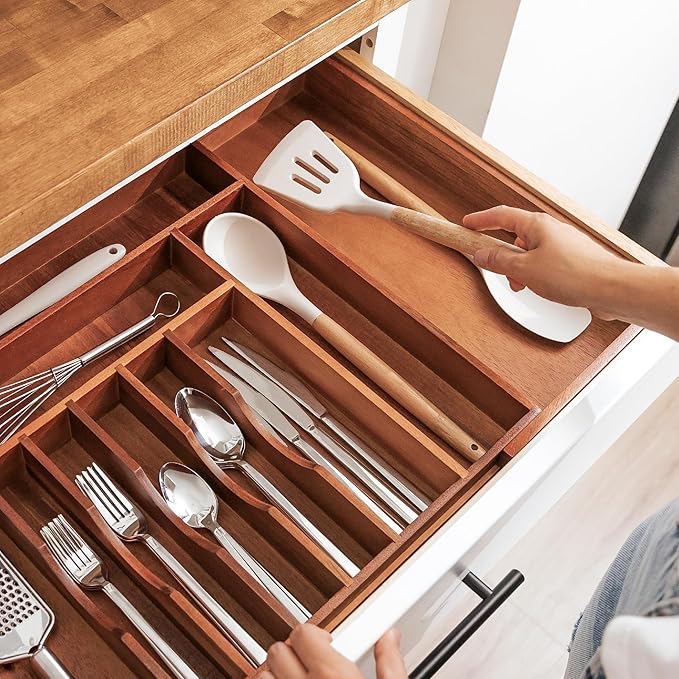 KitchenEdge Silverware & Utensil Drawer Organizer, 18-33 in, Acacia
