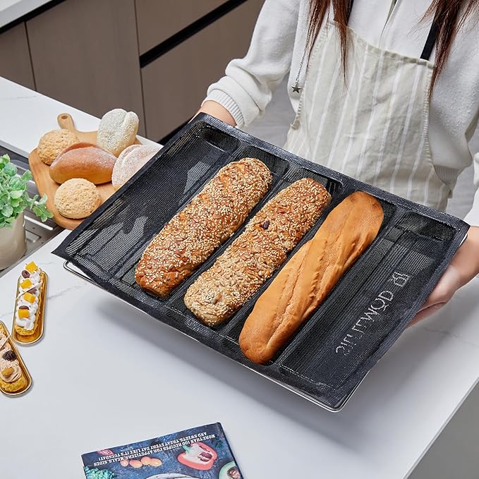 SILFLEMOD 2 PCs Silicone Aerated Baguette Pan - Non-stick Flexi Silicone Pan Forms for Fench Bread - Food Grade Sandwich Mesh Oven Liner - Silicone Loaf Baking Perforated Mold
