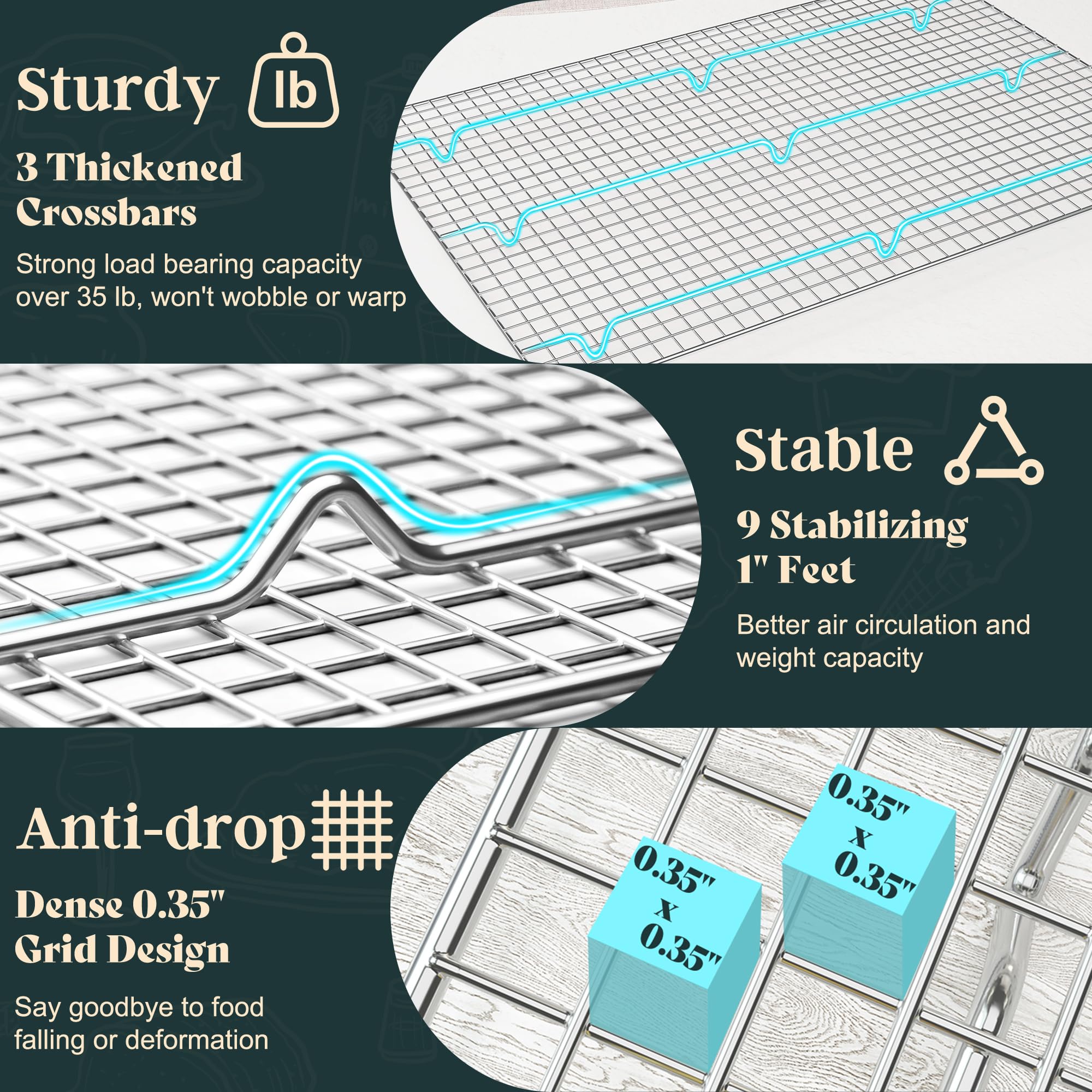 Cooling Racks for Cooking and Baking - 11.5"x16.5" Oven Safe Premium Stainless Steel Heavy Duty Baking Rack Tight-Wire, Fits Half Sheet Pan for Roasting & Grilling & Cooking - 1 Pack