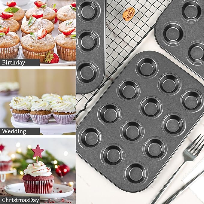 Audingull Mini Muffin Pan 2-Pack, Premium Small Cupcake Pans, Carbon Steel 12-Cup Muffin Tin, Versatile Non-Stick Bakeware