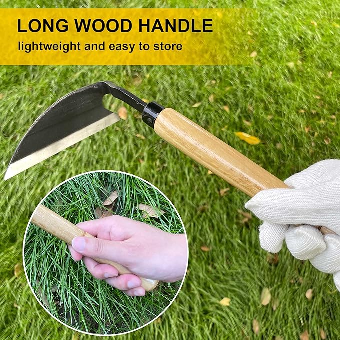 Hanpex - Japanese Weeding Sickle, Wide Blade Gardening Tools - Premium Quality Hand Hoes/Weeding Sickle Have Very Sharp Edge for Quick Work (Long Handle)