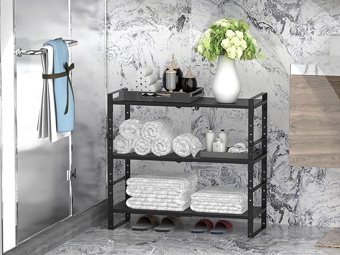 Jojocross Expandable Stackable Aadjustable Shoe Rack Pantry Shelf for Kitchen Cabinets Counter Shelves Countertop Cupboard Storage Solution,Sturdy Heavy-Duty Metal Construction(2Packs/Black/Medium)