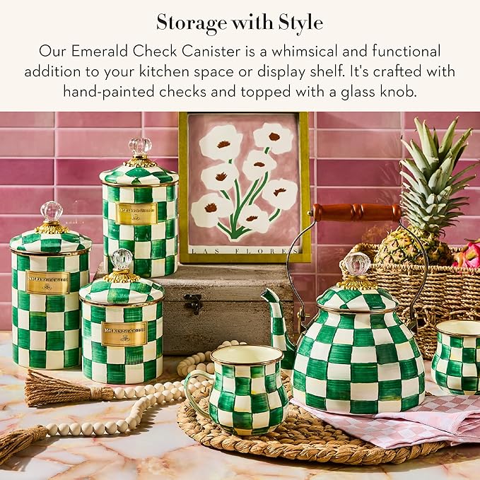 MACKENZIE-CHILDS Enamel Canister, Large, Green-and-White Emerald Check