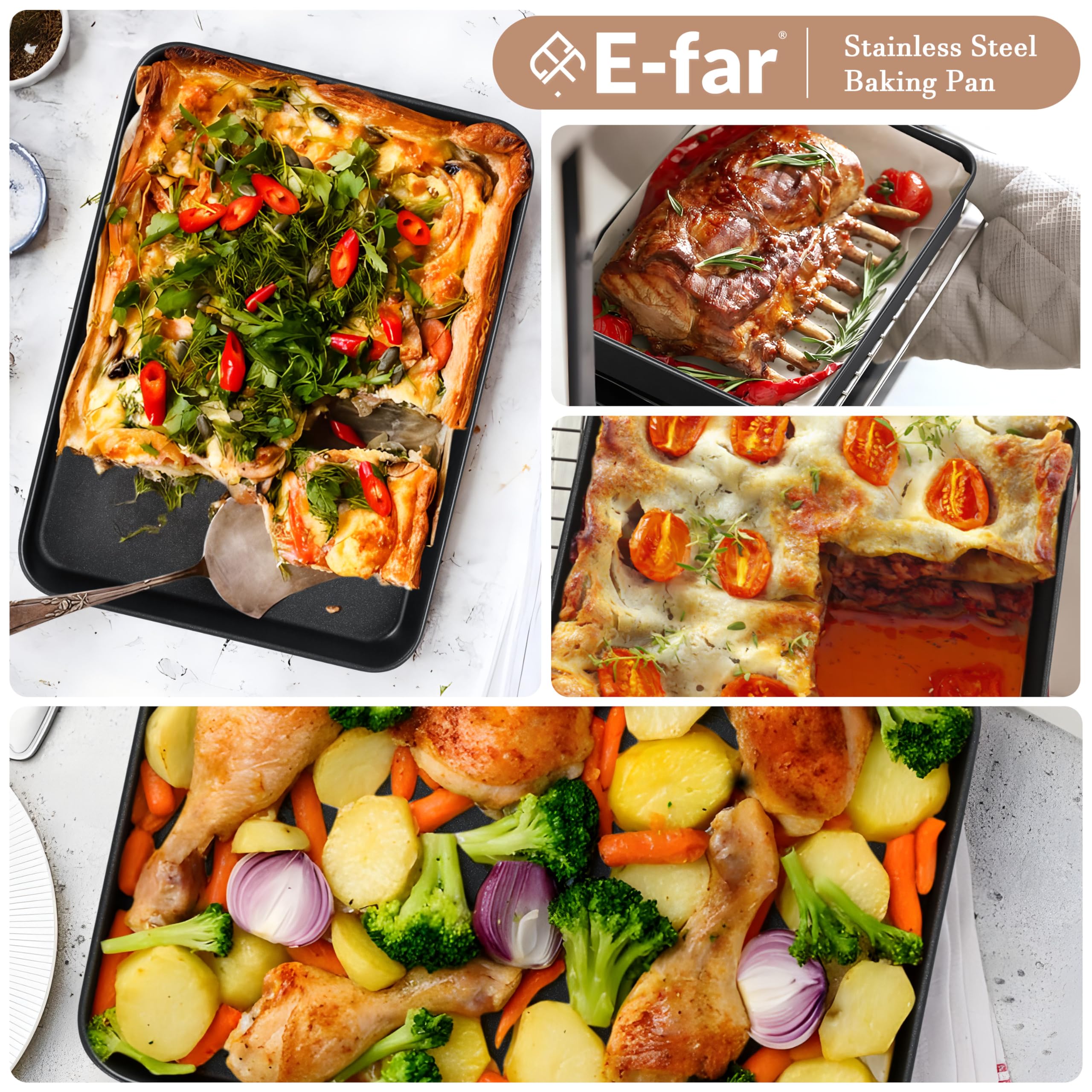 E-far 12.5 x 9.7 Inch Baking Pan Set of 2, Nonstick Stainless Steel Rectangle Cake Pans for Baking Brownies Casseroles Lasagna, Stainless Steel Core & Nonstick Coating, Non-toxic & Oven Safe