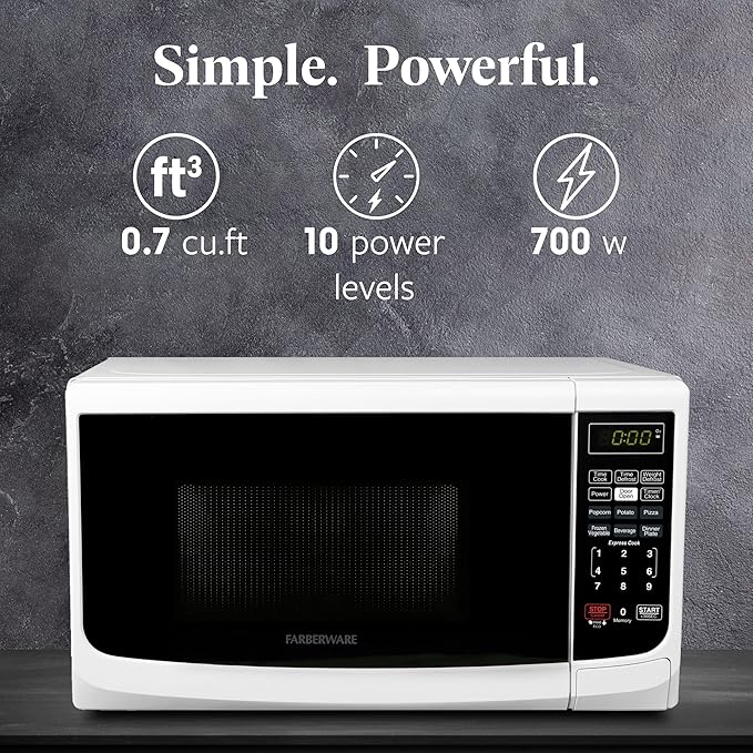 Farberware 0.7 Cu. Ft. Countertop Microwave Oven – 700 Watts Power, Auto Cook Settings, Defrost, Easy Clean and Child Safety Lock - White