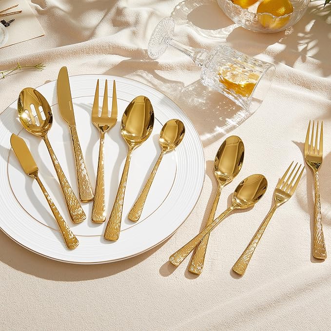 65 Piece Gold Silverware Set with Serving Utensils, 18/10 Stainless Steel