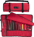 Asaya Waxed Canvas Chef Knife Roll Bag with 10 Slots and a Zipper Pocket - Professional Chef Knife Bag & Storage Case, with Shoulder Strap - Knives Not Included (Red)
