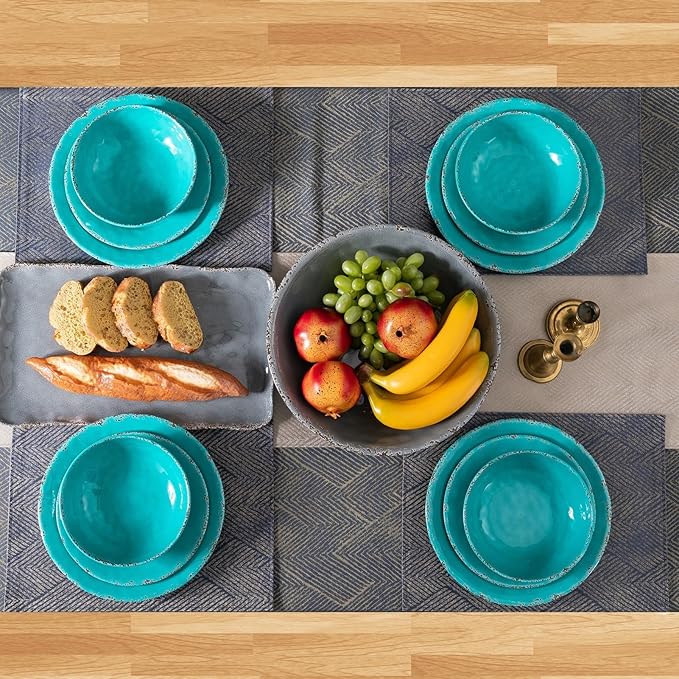ZAROCRUS Farmhouse Melamine Pasta Bowls Set of 6, 42 OZ Shallow Individual Bowl, Melamine Pasta Plates and Salad Bowls sets, Dishwasher Safe Serving,Snack bowl,Fruit Bowl, Teal