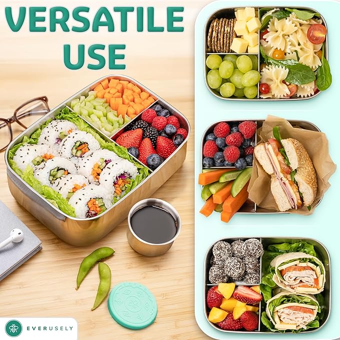 Stainless Steel Bento Box + Condiment Container - Green, 60oz / 1.8 L