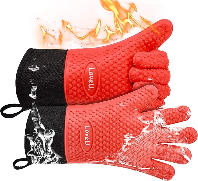 Loveuing Kitchen Oven Gloves - Dual-Layer Heat Resistant Grilling Gloves, Silicone Oven Mitts with 5 Fingers, Waterproof Non-Slip Pot Holder for Barbecue, Cooking, Baking (Red, Long)