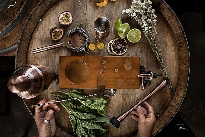 Mint & Mortar Cocktail Shaker Set – 7-Piece Stainless Steel Bartender Kit with Premium Bamboo Stand for Home Bartending - All-in-One Mixology Set for Beginners & Pros (Brushed Copper)