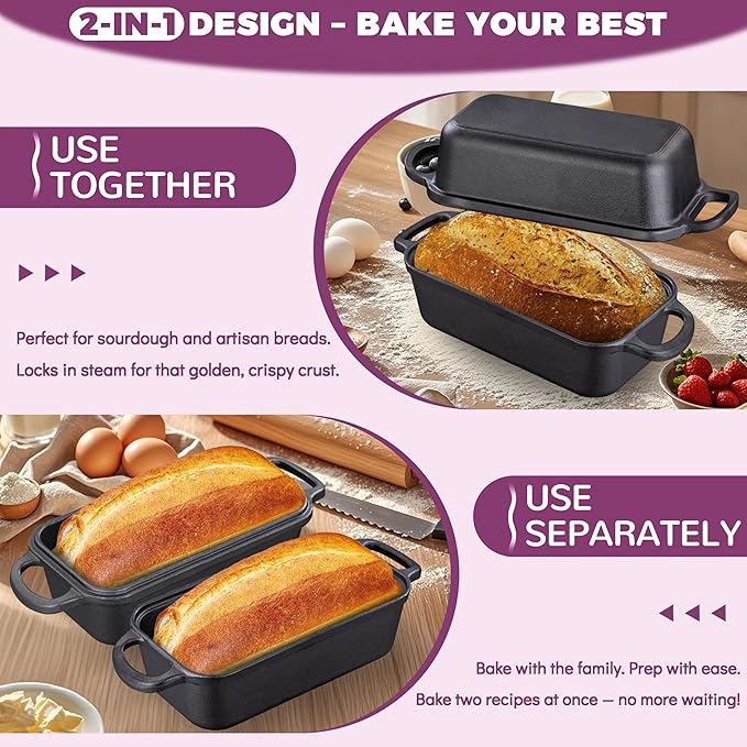 Vanderlume Cast Iron Loaf Pan with Lid 9x5 Inch,Sourdough Pan