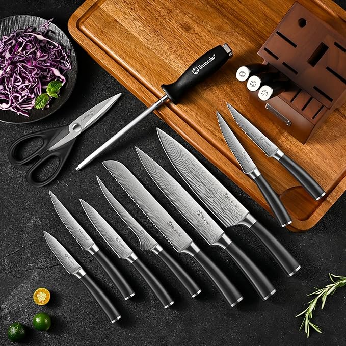 Knife Set with Block and Sharpener, 15 Piece Kitchen Knife Block Set