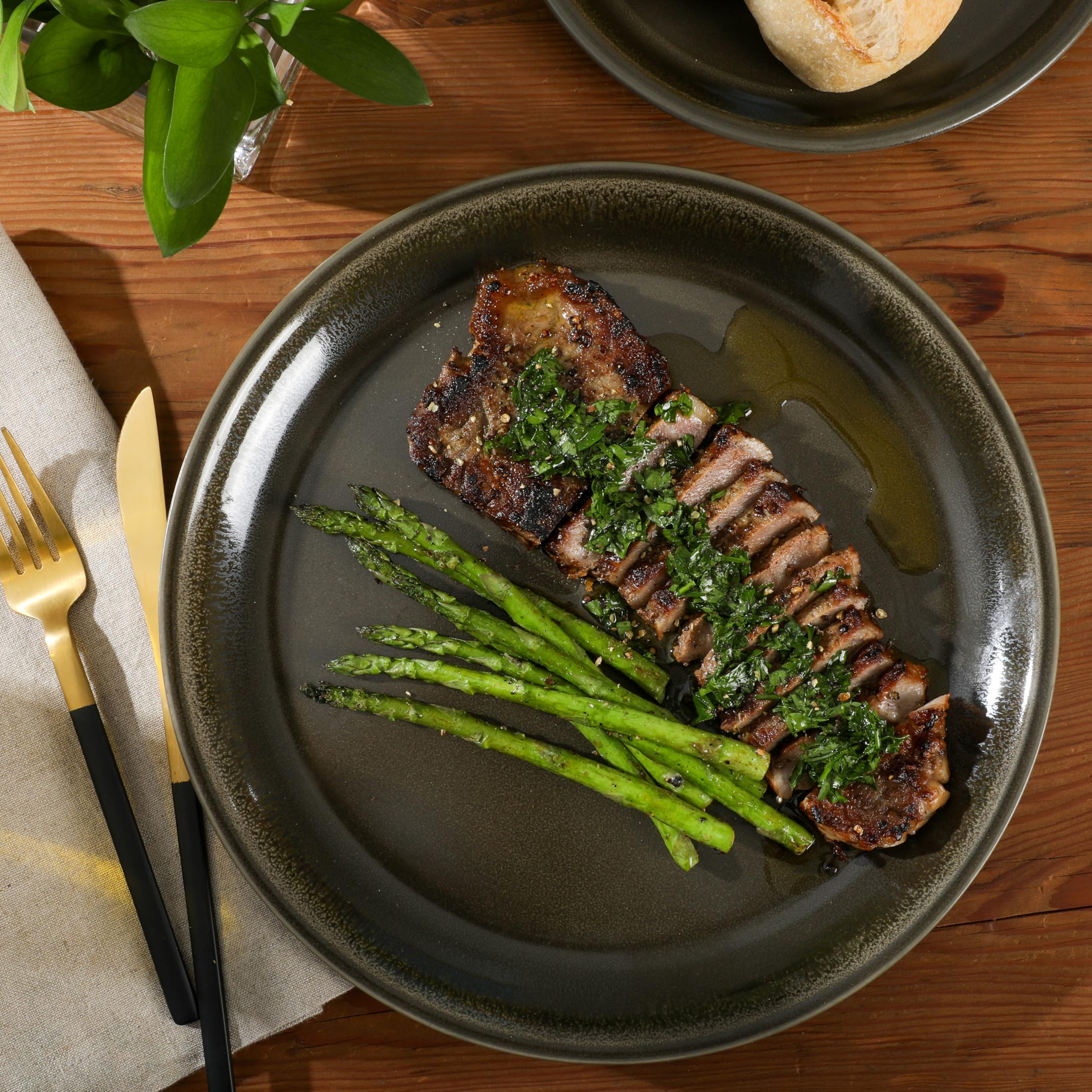 Gibson Elite 12 Piece (Service for 4) Lakecrest Plates and Bowls Reactive Glaze Round Dishes Stoneware Ceramic Dinnerware Set - Dark Green