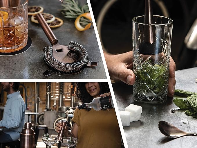 Mint & Mortar Cocktail Shaker Set – 7-Piece Stainless Steel Bartender Kit with Premium Bamboo Stand for Home Bartending - All-in-One Mixology Set for Beginners & Pros (Brushed Copper)